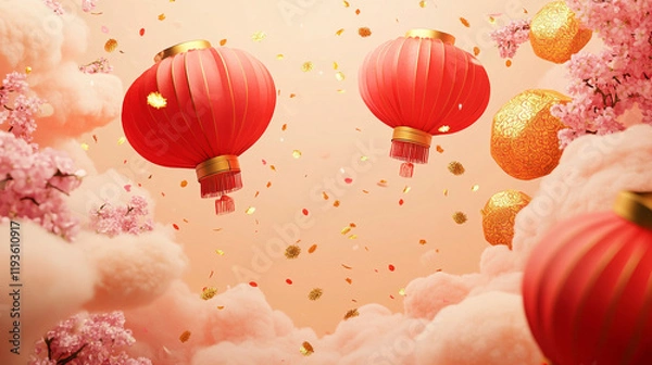 Obraz Festive Chinese Lanterns Amongst Pink Clouds and Golden Confetti