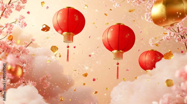 Obraz Festive Chinese Lanterns Floating Amidst Cherry Blossoms