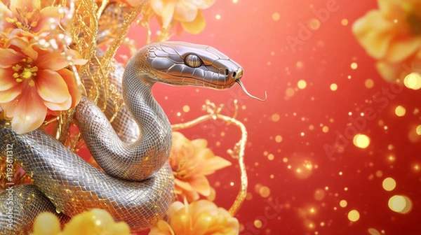 Obraz Luxurious Snake Among Golden Flowers on a Red Background