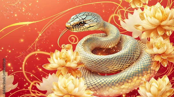 Obraz Golden Snake and Lotus Flowers, a Festive Design for Lunar New Year