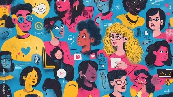 Fototapeta Diverse Group of Young Adults Connected Through Technology