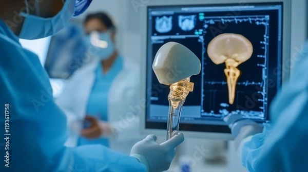 Obraz Surgeons examining prosthetic hip replacement against medical scan