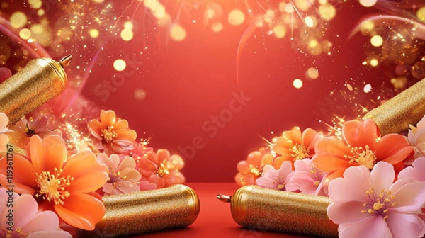 Obraz Festive Floral Arrangement with Gold Ornaments and Sparkler Effect