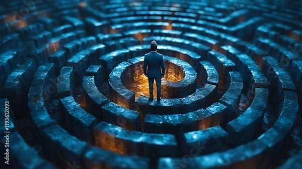 Fototapeta Man in suit standing at the center of a dark stone spiral maze, facing away.