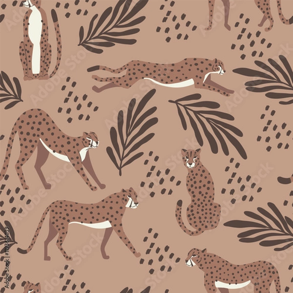 Obraz Cheetah big cat exotic seamless pattern - Mocha Mousse - tropical plants - hand drawn vector illustration