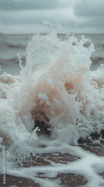 Fototapeta A powerful wave crashes and splashes onto the shoreline.