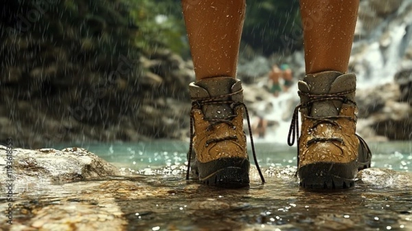 Obraz Hiking boots by waterfall in rain.
