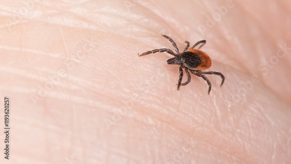 Fototapeta Dangerous deer tick parasite on a human skin background. Ixodes ricinus or scapularis. Close-up of disgusting parasitic mite, insect carrier of tick-borne diseases as Lyme borreliosis or encephalitis.