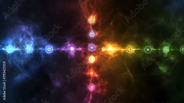 Fototapeta Spiritual awakening depicted vibrant chakras glowing auras and cosmic connections emphasizing personal and universal transformation