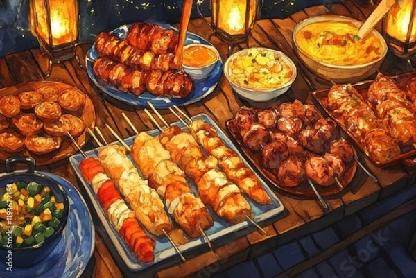 Fototapeta Deliciously Grilled Skewers and Mouthwatering Dishes Displayed on a Rustic Table Under Soft Lantern Light