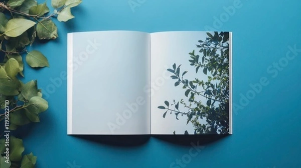 Obraz A serene scene of an open book with palm leaves reflected on the pages, creating a tropical and calm atmosphere.