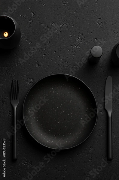 Obraz A sophisticated black plate set against a textured dark background.