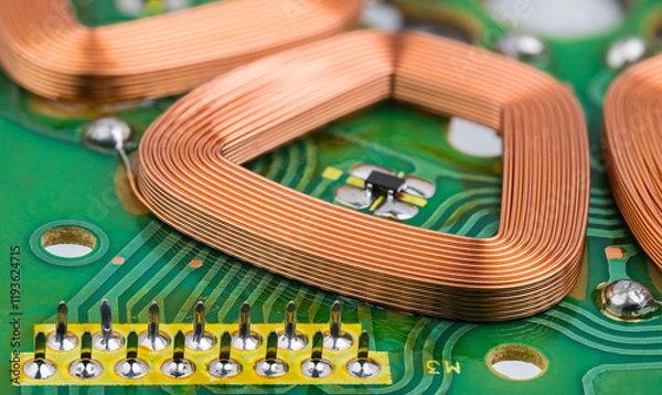 Fototapeta Stator part of brushless DC electric motor embedded on printed circuit board. Closeup of coil copper wire winding with Hall effect sensor on green PCB detail inside engine with electronic commutation.