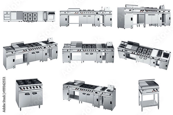 Fototapeta Sprzęt kuchenny ze stali chromowanej do gotowania. Grafika 3D