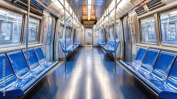 Obraz Empty subway car with blue seats and bright lighting.