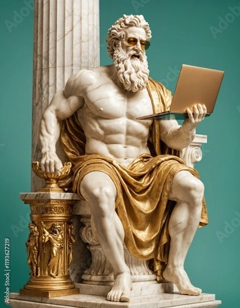 Obraz 3D illustration of the Greek god Zeus working on his laptop, solid color background