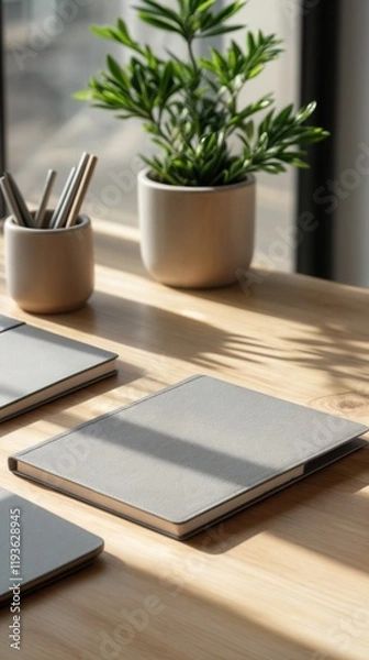 Fototapeta minimal workspace with notebooks and green potted plant on sunlit wooden desk presenting modern interior copyspace concept of business office productivity