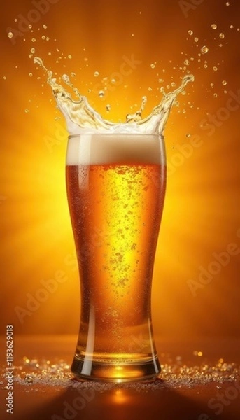 Fototapeta A refreshing glass of beer with a splash effect against a warm, golden background, perfect for promoting beverages, bars, or events.