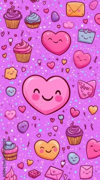 Fototapeta Smiling hearts surrounded by candy and cupcakes create a vibrant kawaii atmosphere full of sweetness and charm