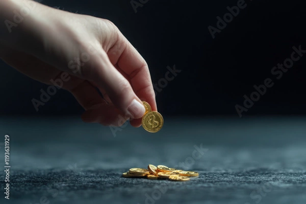 Obraz Hand transferring gold coins symbolizing wealth and trade between countries in a dark setting
