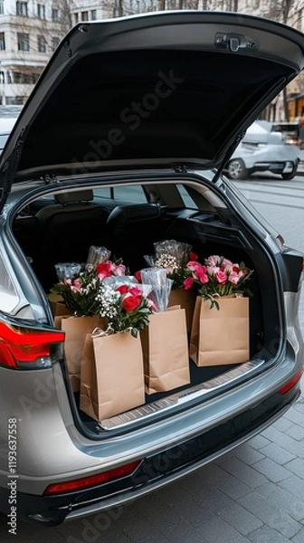 Fototapeta Freshly wrapped flowers pile up in a car trunk, ready for delivery in a vibrant flower service promoting convenience.