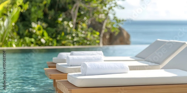 Fototapeta Relaxing poolside scene with pristine white towels on wooden lounge chairs overlooking a tranquil ocean.