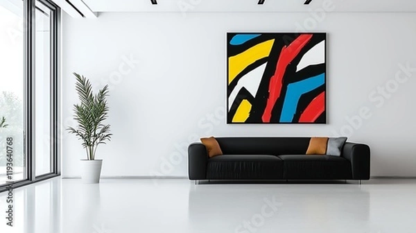 Fototapeta Modern living room featuring abstract art on wall, stylish furniture, and a serene atmosphere