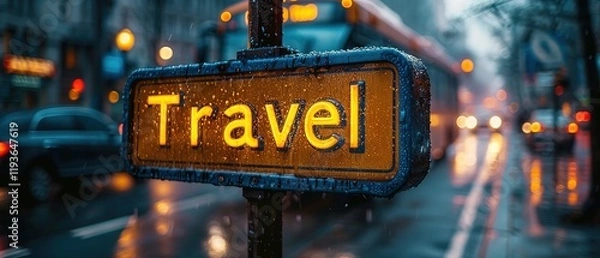 Fototapeta text sign that glows "Travel" at the bus stop
