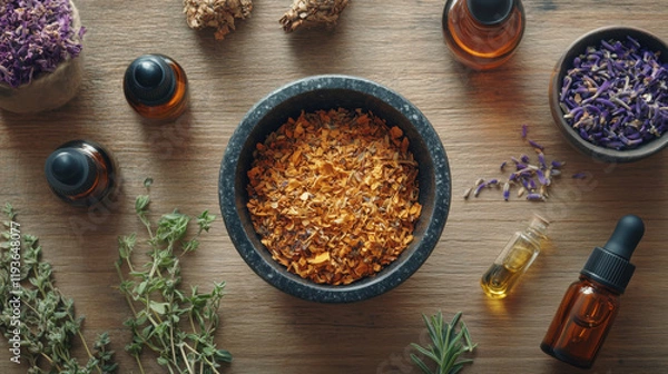 Obraz Overhead Shot of Dried Herbs, Essential Oils, and Mortar and Pestle on Natural Wooden Surface for Traditional Wellness Practices
