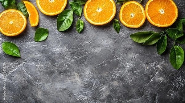 Fototapeta Fresh orange slices and green leaves arranged on a textured dark surface