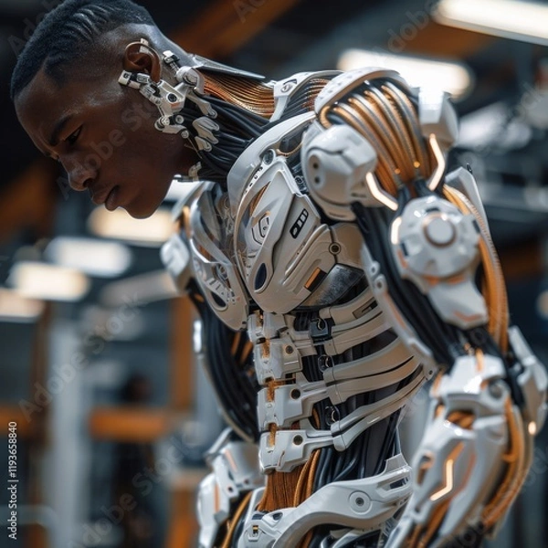 Fototapeta Cybernetic man with robotic body futuristic technology advanced artificial intelligence biomechanical design science fiction concept