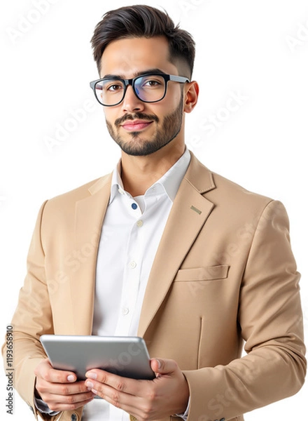 Fototapeta Smart and Handsome Businessman in Formal Attire Using a Tablet for Work, Focused and Confident, Isolated on Transparent Background