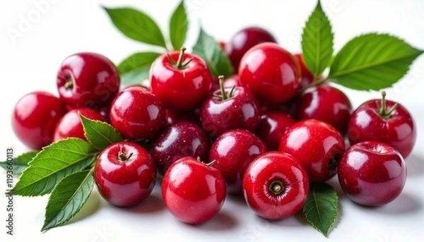 Obraz Fresh red cranberries with green leaves isolated on a white background