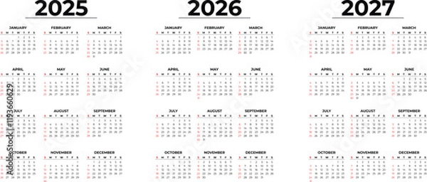 Fototapeta Calendars 2025 2026 2027 - Symple Layout Illustration. Week starts on Monday. Calendar Set for 2025 2026 2027 year