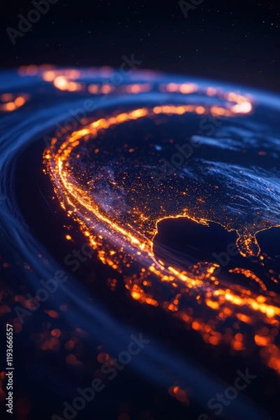 Fototapeta Captivating Vista of Earth's Dynamic Fiery Tectonic Lines Illuminating the Midnight Environment