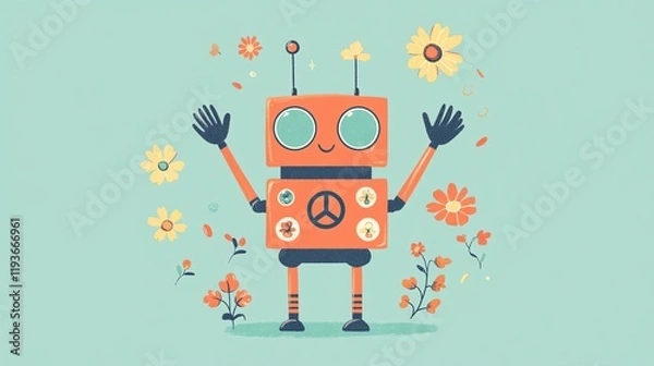 Fototapeta A cheerful cartoon robot with a peace symbol, surrounded by colorful flowers, exuding a friendly and playful vibe.