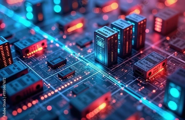 Obraz Modern tech illustration shows miniature server buildings on circuit board. Complex data processing, enhanced logic, management illustrated. Image displays digital architecture. Advanced data