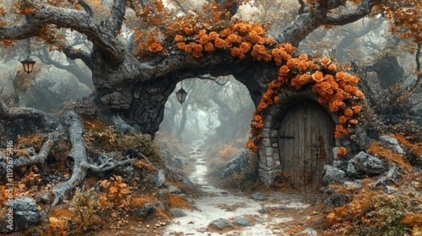 Fototapeta Enchanted Floral Forest Comes Alive: Wide Photographic Background with White Floor, Garland of Yellow Orange Beige Roses, Hanging Lanterns, Misty Fairy Atmosphere