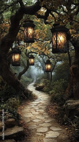 Fototapeta Enchanted Floral Forest Comes Alive: Wide Photographic Background with White Floor, Garland of Yellow Orange Beige Roses, Hanging Lanterns, Misty Fairy Atmosphere