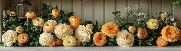 Fototapeta Enchanted Floral Forest Comes Alive: Wide Photographic Background with White Floor, Garland of Yellow Orange Beige Roses, Hanging Lanterns, Misty Fairy Atmosphere