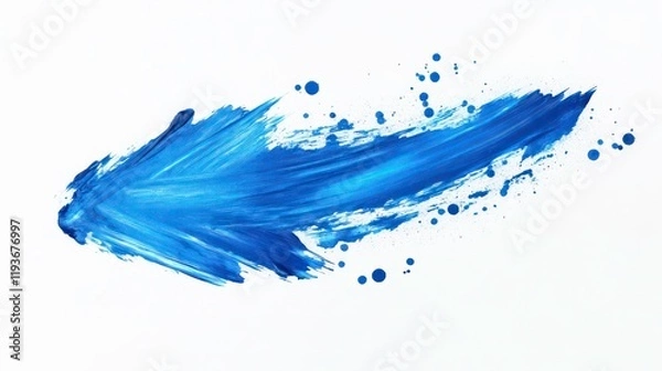 Fototapeta Abstract blue paintbrush stroke forming an arrow shape with splatters on a white background