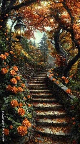 Fototapeta Enchanted Floral Forest Comes Alive: Wide Photographic Background with White Floor, Garland of Yellow Orange Beige Roses, Hanging Lanterns, Misty Fairy Atmosphere