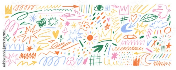 Obraz Childish doodle lines and shapes collection drawn with a colored crayon. Hand drawn pencil doodles, squiggles and scribbles for journaling and notes. Childish freehand drawing. Rough crayon strokes.