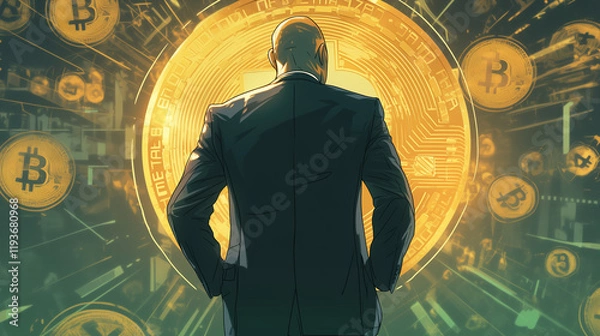Fototapeta Business professional contemplating cryptocurrency trends in a digital environment with Bitcoin symbols floating