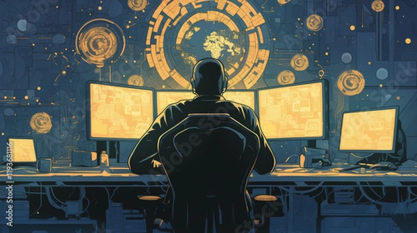 Obraz Person sitting at a desk in a dark room working on multiple computer screens displaying data and a world map