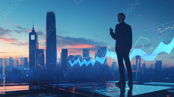 Fototapeta Business professional analyzes market trends during sunset, overlooking a modern city skyline with digital graphs