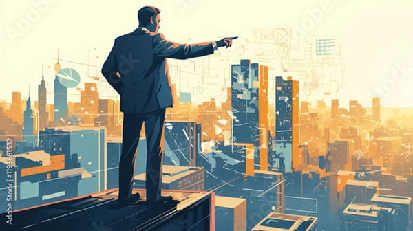 Fototapeta Businessman strategizing future plans while overlooking a bustling city skyline at sunset