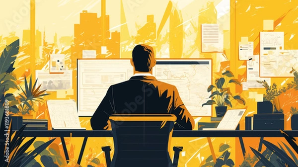 Fototapeta Professional working in a modern office with city skyline view during golden hour, surrounded by plants and documents