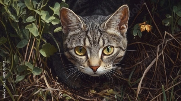 Fototapeta Stealthy Grey Striped Feline Stalks Through Sparse Greenery in a Close-Up Scene