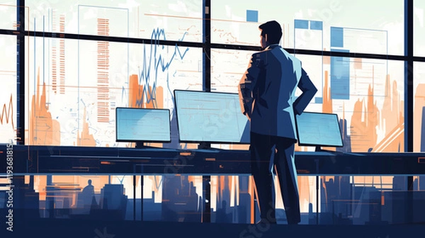 Fototapeta Business professional analyzes data trends in a modern office environment with city skyline view